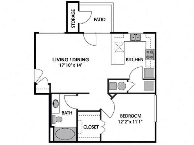 Floor plan for 1 bed, 1 bath, 685 sqft